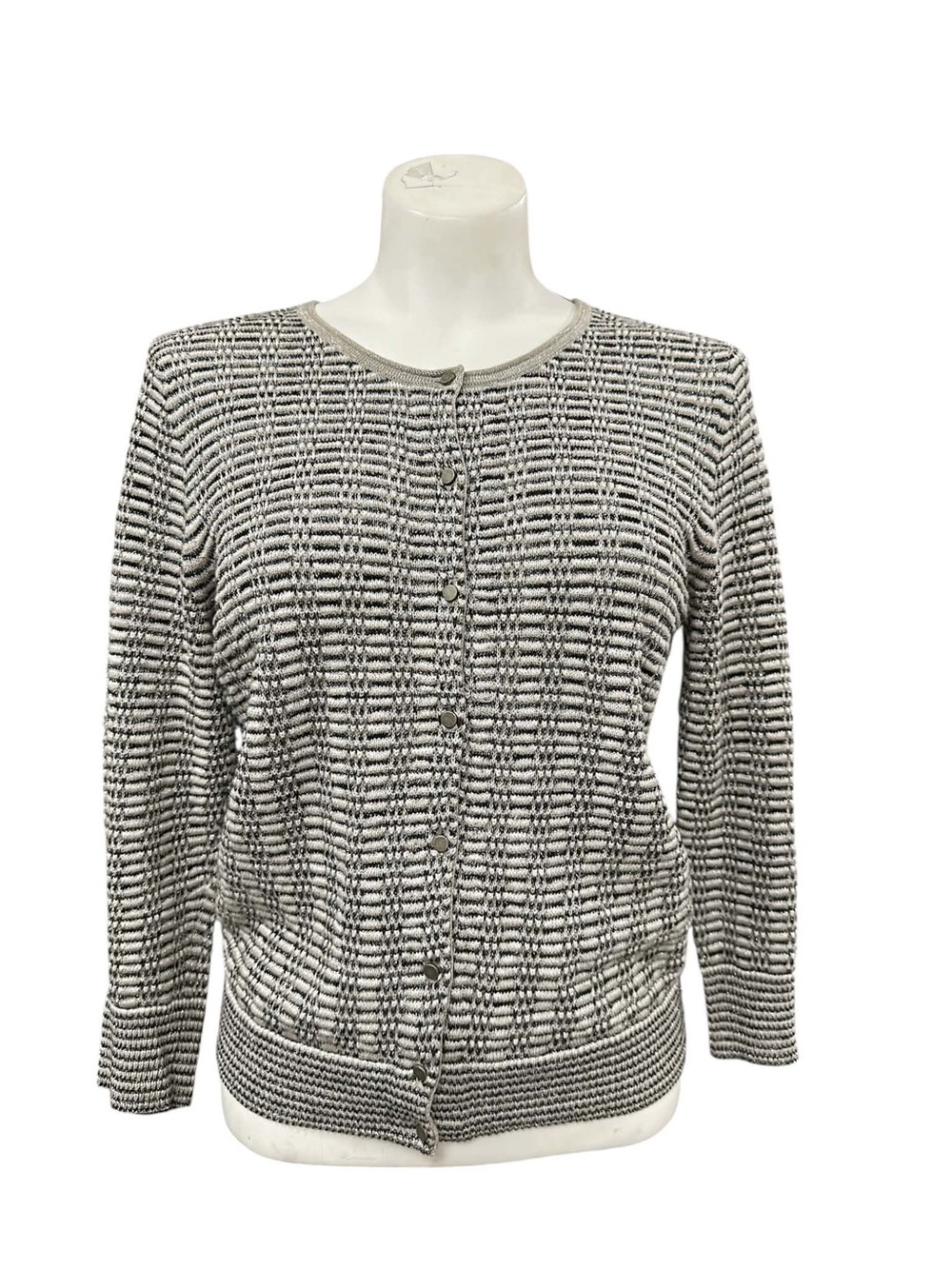 Ann Taylor Black & White Textured Knit Crewneck Cardigan Size S